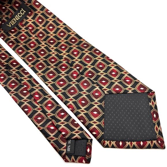 Vienicci Men's Tie- 60"- Black / Red Geometric Pattern Design - Silk Necktie - Picture 3 of 5